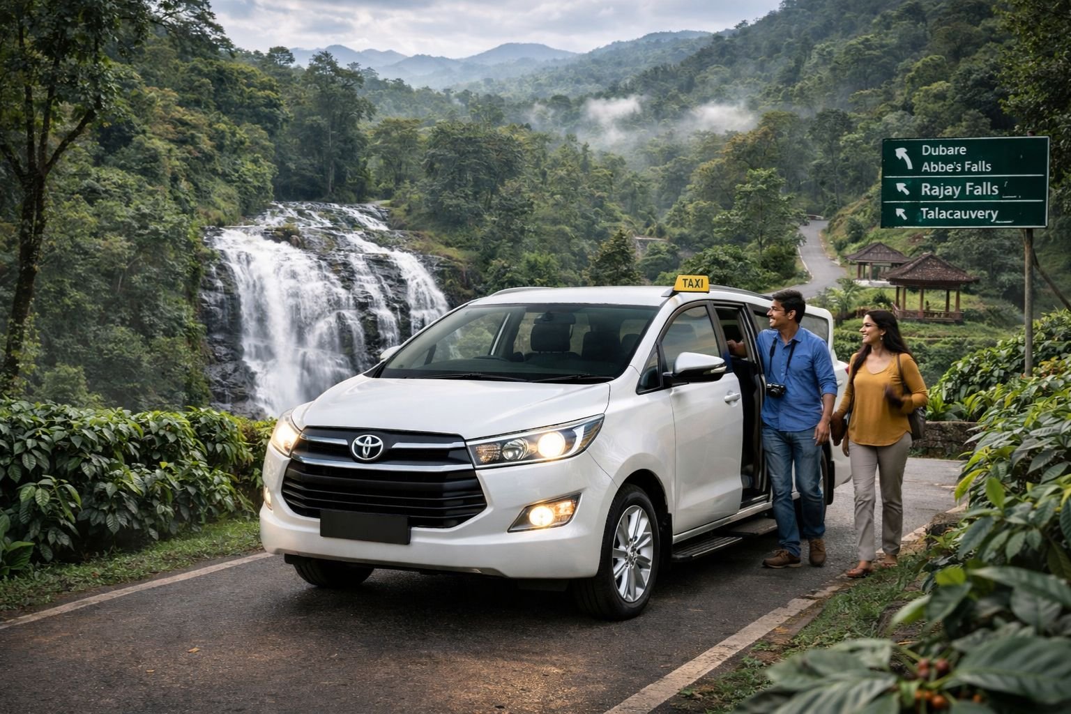 Coorg sightseeing taxi - Madikeri, Raja's Seat, Abbey Falls